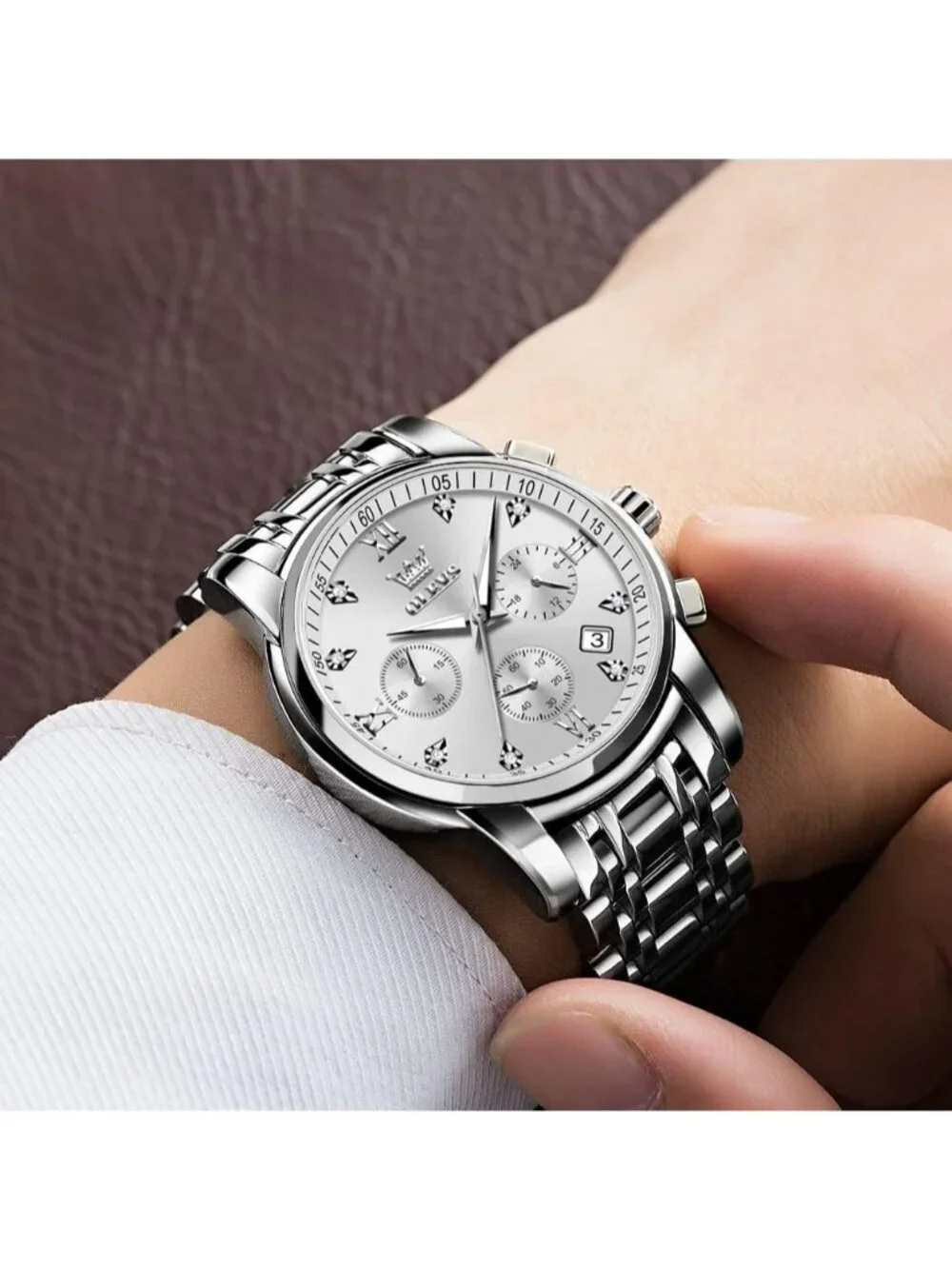 Men's White Face/Silver Strap Stainless Steel Chronograph Waterproof  Watch